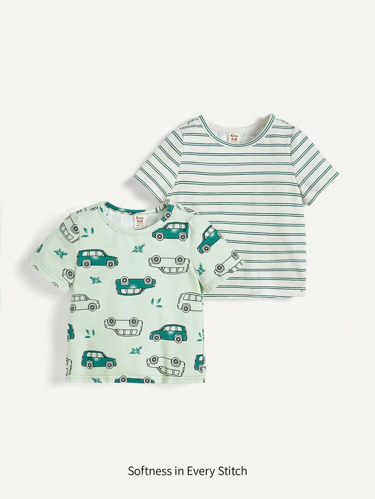 2pcs/Set Infant Boys' Car Print Striped Tee With Round Neck And Regular Sleeves