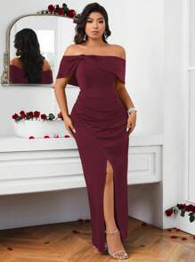 Allurite Burgundy Red Plus Size Solid Color Off-Shoulder Twisted Front High Slit Dress For Spring/Summer Wedding