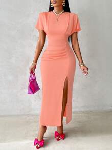 Zolique Women's Summer Round Neck Pleated Solid Color Side Slit Dress - Coral Pink - View 6