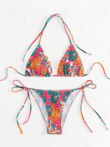 SHEIN Swim 花卉印花領口比基尼套裝,適用於度假 - 彩色 - 查看 4