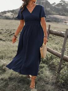 Franclia Robe longue d'été grande taille de couleur unie avec fentes latérales et taille cintrée, tenue maxi pour femmes
