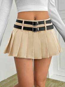 SHEIN EZwear Mùa hè Đúng mốt Giải trí Màu thuần Chân Váy xếp ly - Màu Khaki - Xem 1