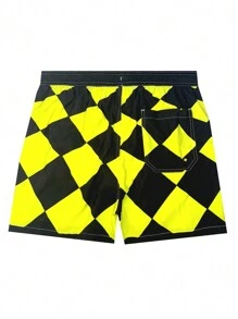 Surfspeed Pantalones cortos de playa para hombres con estampado de rejilla de diamante y letras en bloques de color - Amarillo - Ver 2