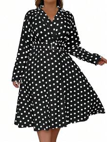 EMERY ROSE 加大尺碼女士春秋波點印花長袖休閒連衣裙 - 黑色 - 查看 3