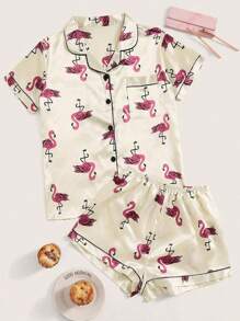 Flamingo Print Satin Pyjama Set - Beige - View 5