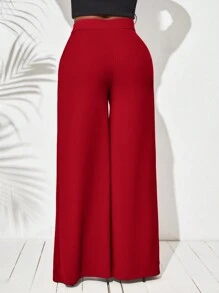 SHEIN Lady Women High Waist Wide Leg Pants With Double Side Split Hem And Metallic Button Decor - Red - View 2