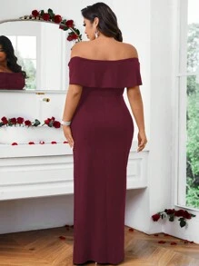 Allurite Burgundy Red Plus Size Solid Color Off-Shoulder Twisted Front High Slit Dress For Spring/Summer Wedding