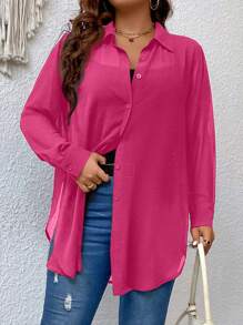 SHEIN Privé Plus Size Solid Color Loose Fit Casual Shirt With Side Split