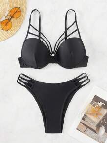 Swim SXY Ladies' Hollow Out Solid Color Bikini Set For Vacation, Summer Beach - Black - View 7