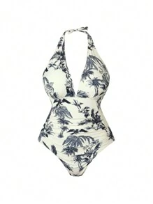 Swim Oasis Maiô feminino Plus Size fashion impresso de uma peça - Bege - Visão 3
