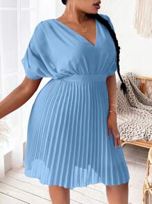 SHEIN SXY Damen V-ausschnitt Batwing Kurzarm Kleid Mit Gefalteter Saum Für Den Sommer In Übergröße - Blau - Übersicht 3
