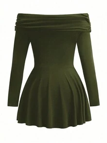 Plus Size Spring Off The Shoulder Cinching Waist Fashion Dress - Army Green - View 2