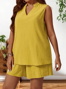 EMERY ROSE Plus Size Summer Casual Yellow Notched Neck Vest And Shorts Set - Yellow - View 6