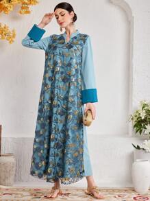 Al Najma Women's Glitter Embroidery Patchwork Notched Dress With Slit Kaftan Jalabiya Dress - Blue - View 5