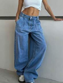 Women'S High Waisted Wide-Leg Jeans - Medium Wash - View 4