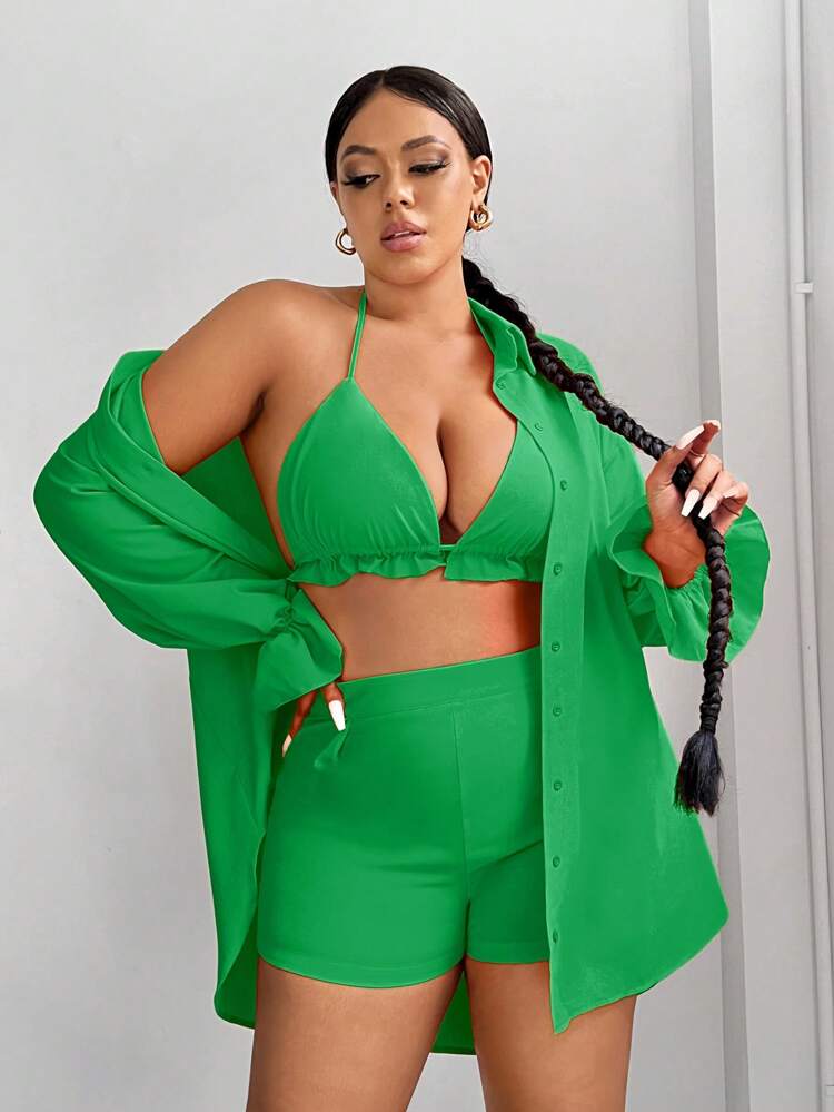 Plus Size Women's Flare Sleeve Shirt & Halter Top & Shorts Summer Three-Piece Set Vacation Outfits Cute For Vacation