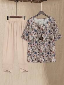 Rusticease Conjunto de dos piezas Primavera y Verano de talla grande con Top estampado floral y pantalones largos unicolor - Multicolor - Ver 3
