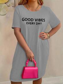 SHEIN LUNE Plus Size Women's Summer Short Sleeve Dress With Letter Graphic - Grey - View 3