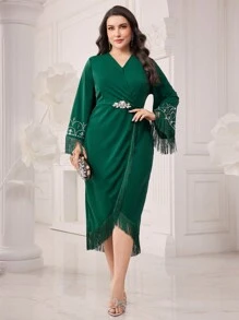 Modelyn Plus Size Surplice Neck Wrap Dress Dress With Fringed Sleeves And Rhinestone Decoration Long Evening Dresses