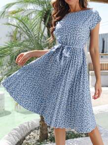 春夏新款波西米亚风圆领短袖系带碎花层叠下摆休闲连衣裙，优雅度假风 - 藍色 - 查看 5