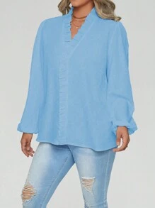 SHEIN Clasi 大碼單色波浪邊上衣 - 淺藍色 - 查看 5