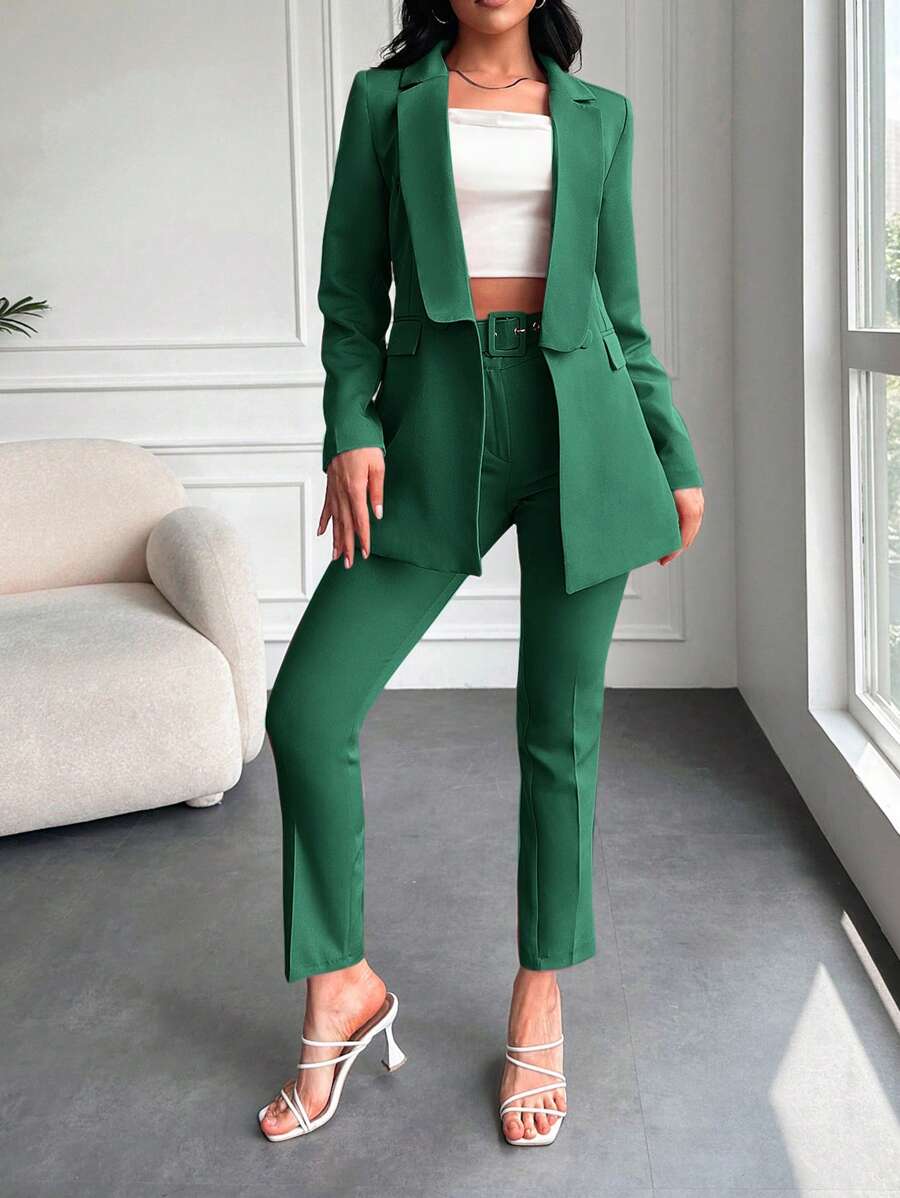 EURMUSE Double Breasted Blazer & Pants - Dark Green - View 1