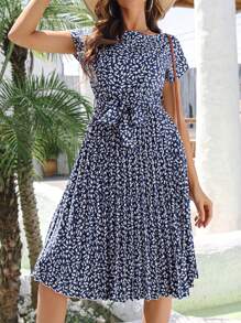 Women's Summer Bohemian Floral Print Batwing Sleeve Dress Tie Waist Ruffle Hem Casual Vacation Maxi Navy Blue Beach Sundress - 藏蓝色 - 查看 3