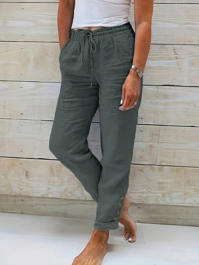 Women's Drawstring Waist Slanted Pocket Button Decor Casual Tapered Pants