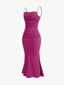 Sweetra Solid Color Ruched Mermaid Style Strap Dress For Summer Maxi Women Outfit