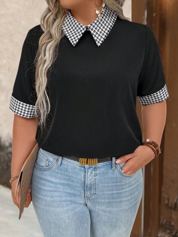 SHEIN LUNE Plus Size Men's Summer Casual Patchwork Gingham Printed Short Sleeve Shirt