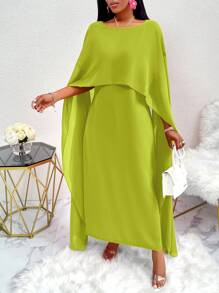 Zolique Elegant Solid Color Batwing Sleeve Dress - Dark Green - View 4