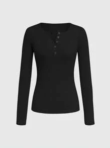 INAWLY Camiseta De Mujer De Manga Larga De Punto Acanalado En unicolor - Negro - Ver 3