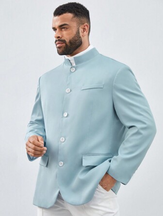 Manfinity RebelGame Men's Plus Size Woven Single Breasted Stand Collar Casual Blazer Jacket, For Fall Winter