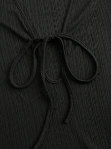 Chiquease 纯色纹理圆领长袖紧身开衩连衣裙长款女装 - 黑色 - 查看 5