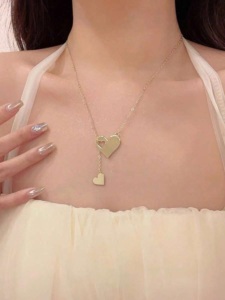 1入簡約時尚心形吊墜項鍊,高端感覺,適合日常穿著、聚會、送禮,是ins風格、夏季珠寶的理想之選 - 金色 - 查看 1