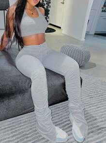 Slaydiva Casual Summer All Grey Round Neck Crop Tank Top And Ruched Hem Split Long Slim Pants Going Out Set - Grey - View 1