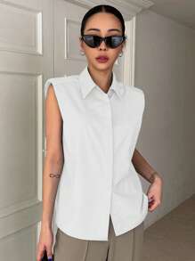 DAZY Solid Color Sleeveless Women Shirt With Turn-Down Collar And Padded Shoulder,Sleeveless Tops Summer Going Out Tops - White - View 3