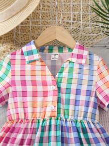 SHEIN 夏天少女花格紋彩色拼接荷葉邊襯衫連身裙 - 彩色 - 查看 3