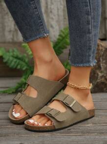 女性夏季簡約舒適開放後背假扣鬆糕底黑色涼鞋