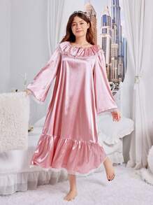 SHEIN Ragazza adolescente Abito elegante in raso con decorazioni in pizzo floreale a V-neck per matrimoni e occasioni speciali, matching outfit con abiti per fratelli/sorelle (2 set venduti separatamente) - Rosa Baby - Visualizzare 4