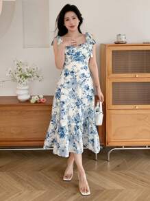 Women Summer Vacation Style Floral Printed Halter Fish Tail Dress Sundress - Blue and White - View 2