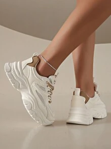 New Women Thick Sole Sneakers, Beige Khaki Mesh Fashionable Flat Casual Shoes, Outdoor Round Toe Lace-Up Chunky Sneakers, Suitable For All Seasons