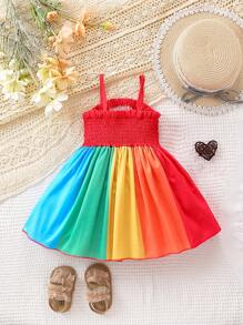 Baby Girl Summer Multicolor Striped Casual Tank Dress - Red - View 2