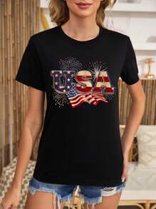 INAWLY Women's Fashionable Summer Short Sleeve T-Shirt With Usa Print Graphic Tees Women Tops
