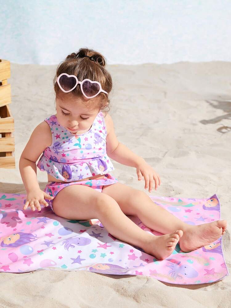 Baby Girl Swimsuit (Random Print) With Multiple Pieces Set And Quick-Dry Towel