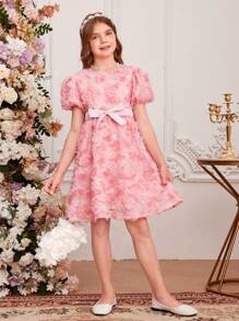 SHEIN Leap Crew Tween Girl's Gorgeous & Bubble Sleeve Floral Embroidered Dress With Waist Belt, Spring/Summer - Pink - View 6