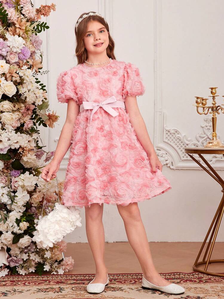 Tween Girl's Gorgeous & Bubble Sleeve Floral Embroidered Dress With Waist Belt, Spring/Summer