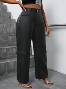 SHEIN Unity Plus Size Coated Flip Pocket Straight Fit Casual Cargo Pants Fall Cloth For Women - Black - View 4