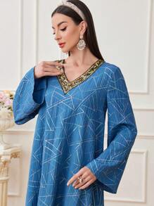 Al Najma Women's Geometric Printed Patchwork Sequined Long Sleeve Arabian Dress