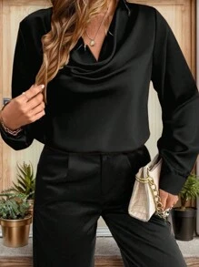 SHEIN Clasi 大尺碼女式翻領長袖襯衫 - 黑色 - 查看 4